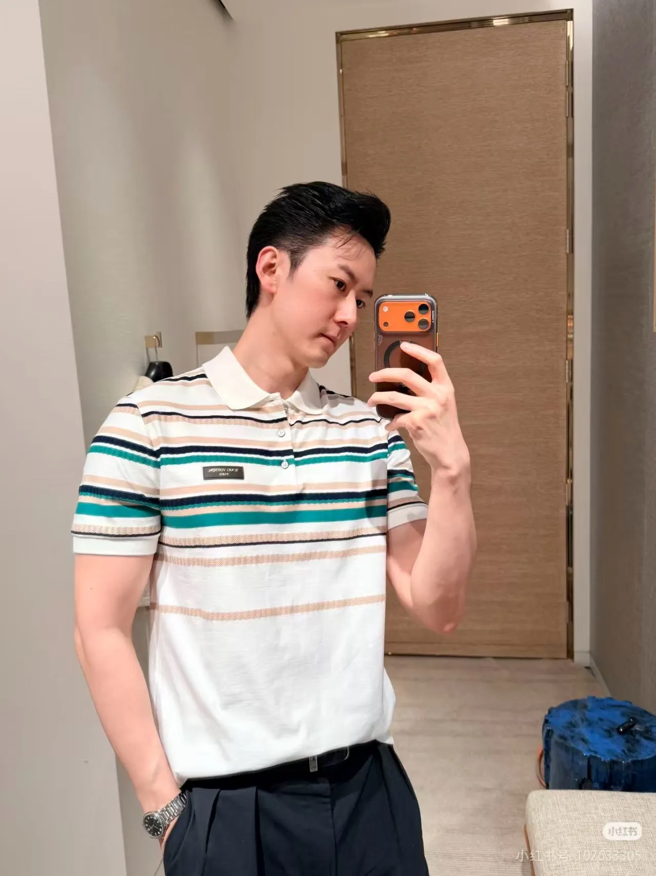 Louis Vuitton/Louis Vuitton leather label striped Polo short sleeves
